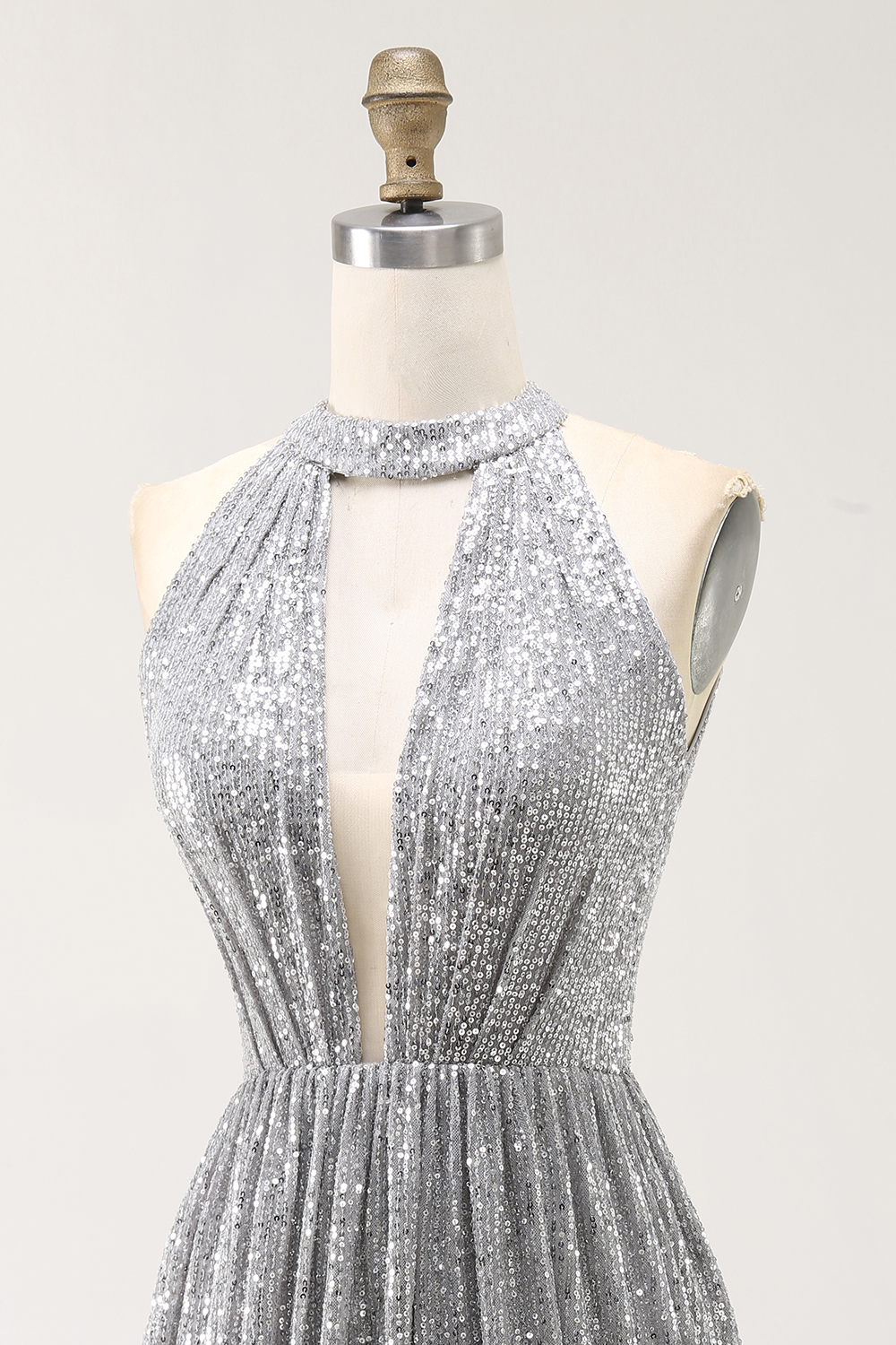 Silver Halter Sparkly Sequin Short A Line Cocktail Dress with Keyhole