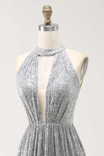 Silver Halter Sparkly Sequin Short A Line Cocktail Dress with Keyhole