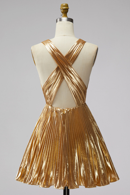Sparkly Gold Short A Line Deep V-Neck Metallic Cocktail Dress