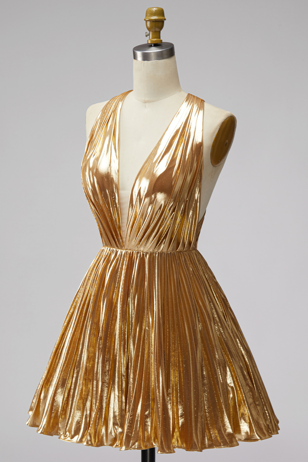 Sparkly Gold Short A Line Deep V-Neck Metallic Cocktail Dress