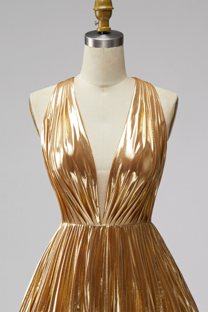 Sparkly Gold Short A Line Deep V-Neck Metallic Cocktail Dress