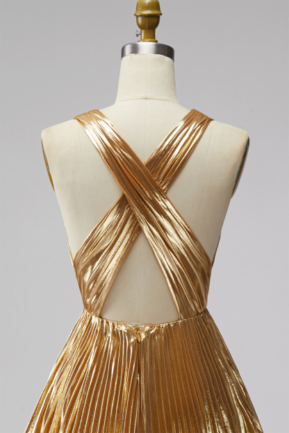 Sparkly Gold Short A Line Deep V-Neck Metallic Cocktail Dress