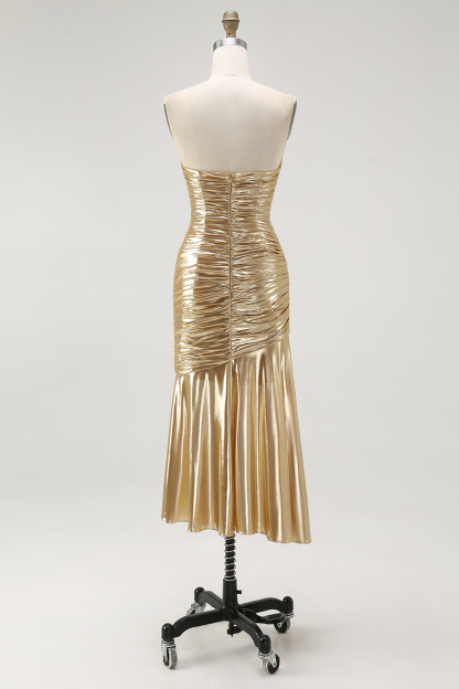 Gold Sweetheart Metallic Ruched High-Low Sheath Cocktail Dress
