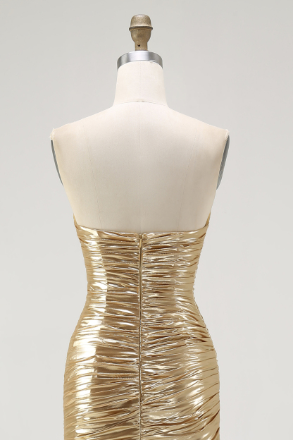 Gold Sweetheart Metallic Ruched High-Low Sheath Cocktail Dress