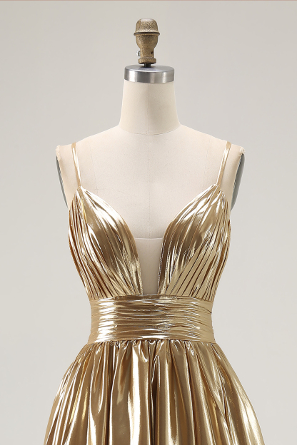 Metallic Gold Ruched A Line High-Low Cocktail Party Dress