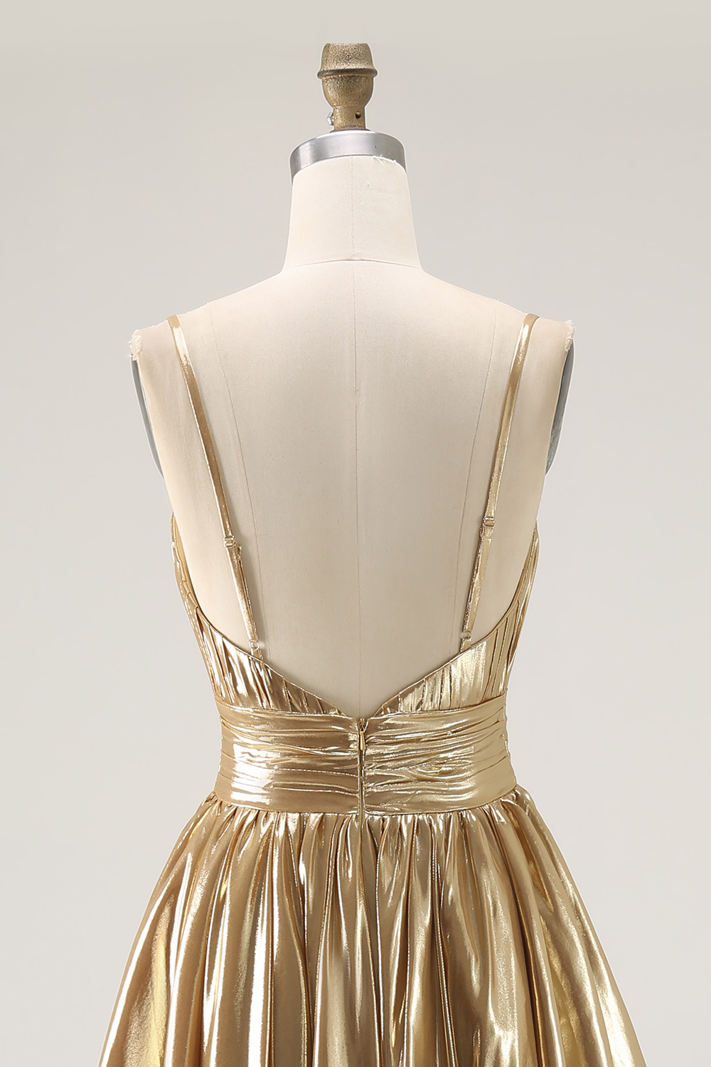 Metallic Gold Ruched A Line High-Low Cocktail Party Dress
