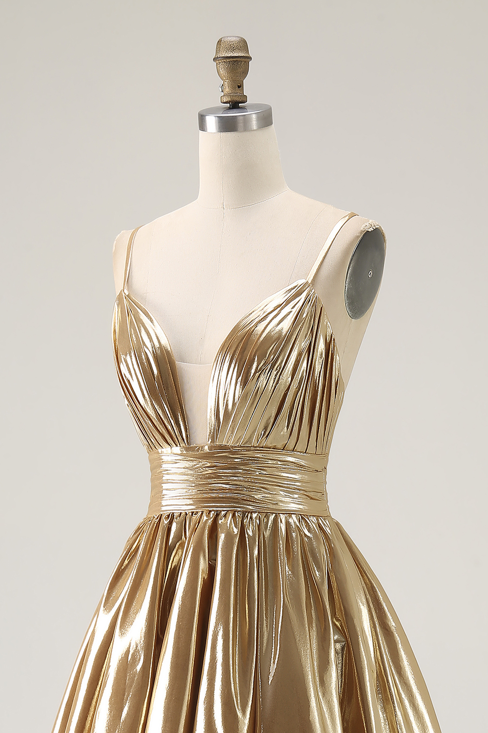 Metallic Gold Ruched A Line High-Low Cocktail Party Dress