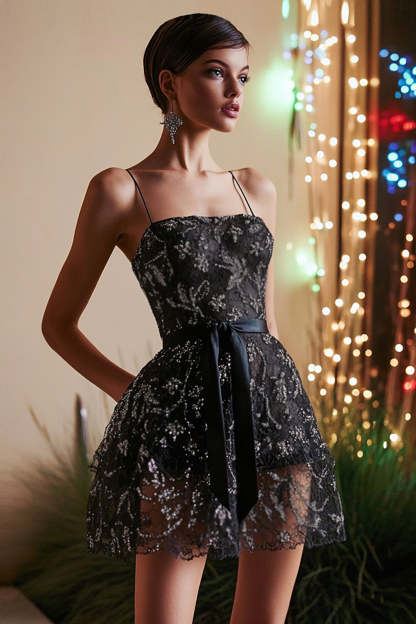 Leely Women Sparkly Black Beaded Short Homecoming Dress with Sash A Line Spaghetti Straps Cocktail Dress