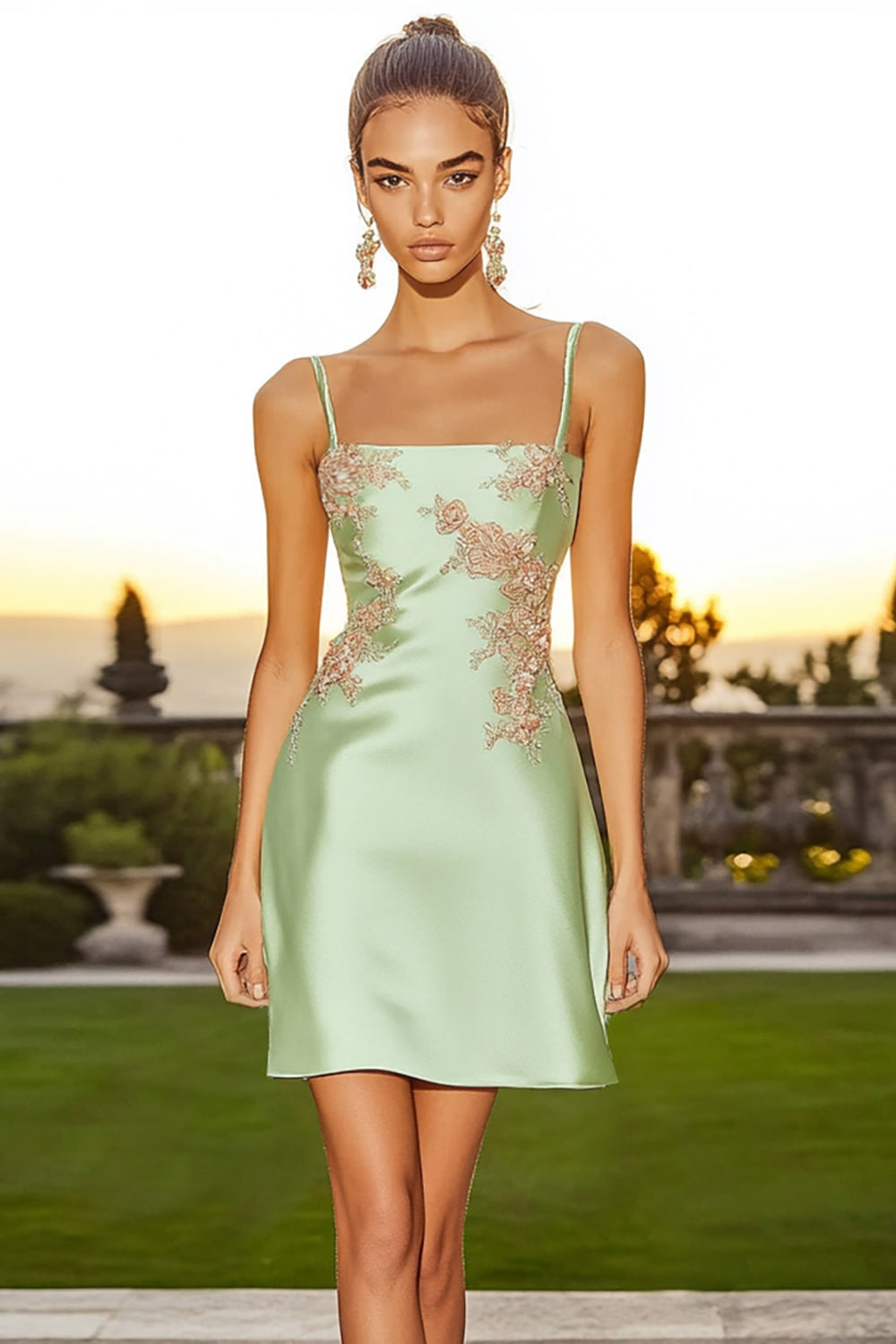 Satin Sage Green Floral Spaghetti Straps Short Cocktail Dress