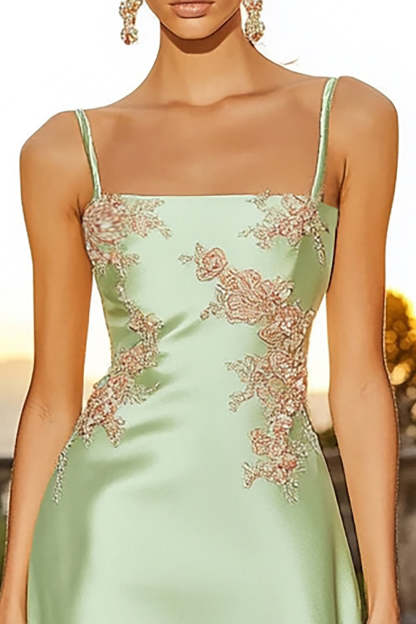 Satin Sage Green Floral Spaghetti Straps Short Cocktail Dress