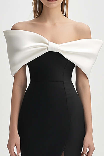 Short Black and White Strapless Bodycon Cocktail Dress with Bow