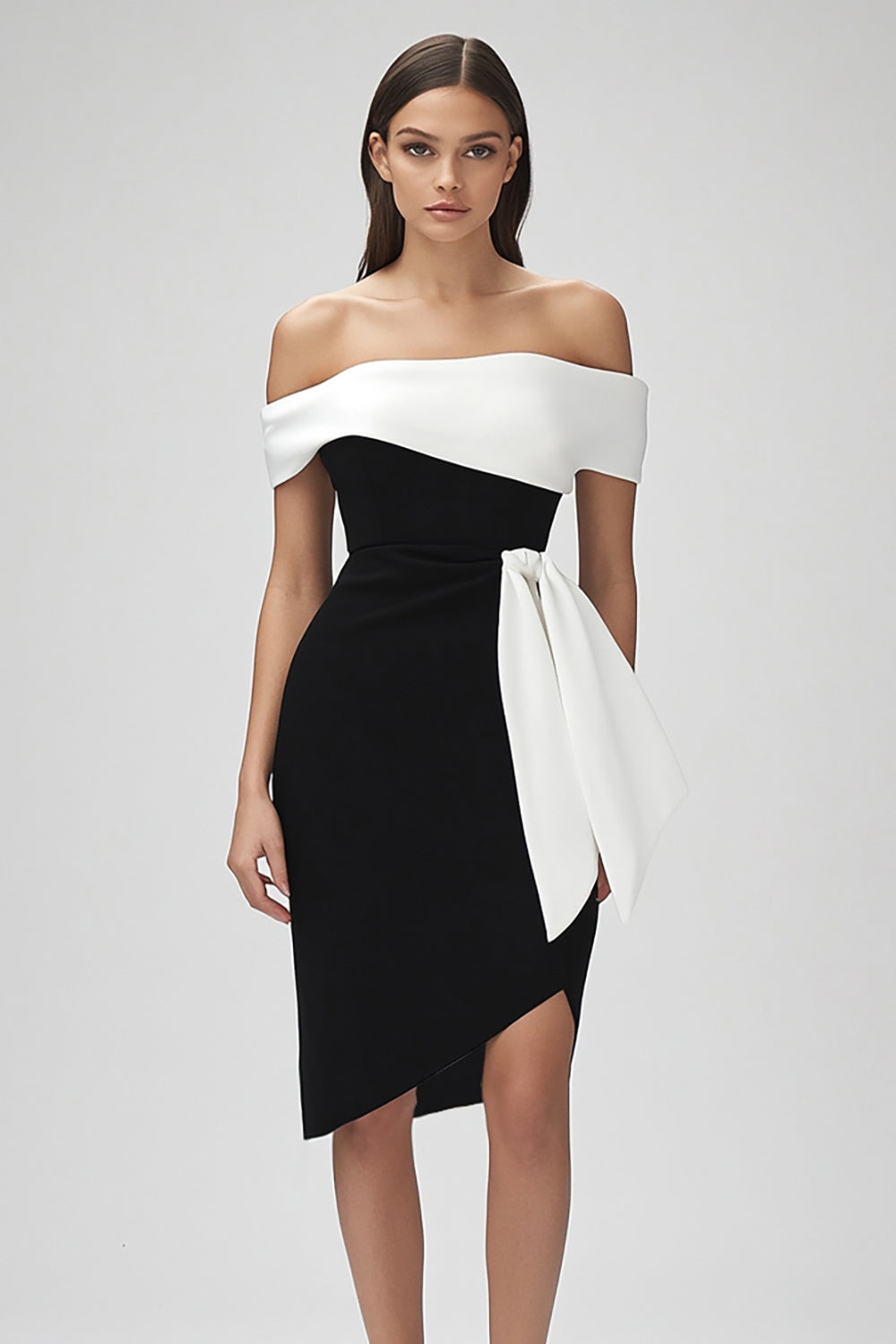 Leely Women Black and White Patchwork Short Tight Cocktail Dress with Sash Off the Shoulder Semi Formal Dress