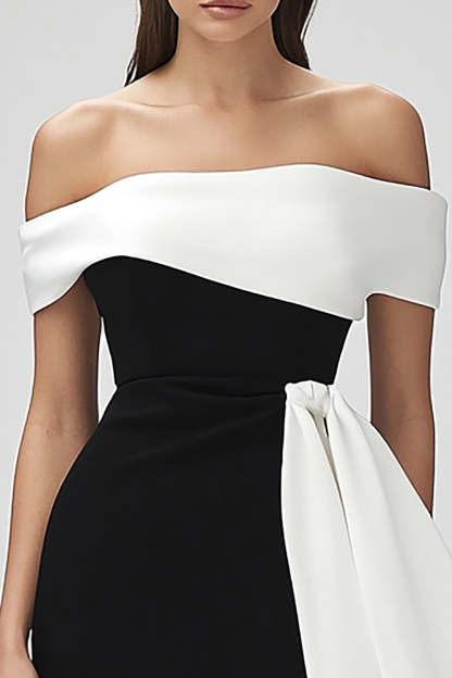 Tight Black and White Patchwork Short Cocktail Dress with Ruffles