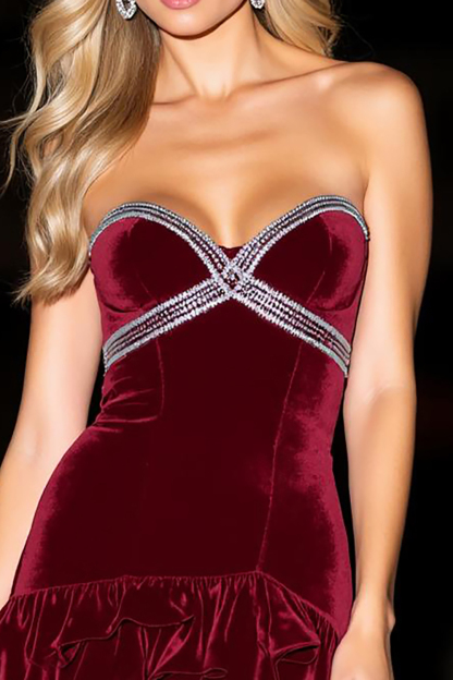 Burgundy Velvet Sweetheart Ruffled Short Homecoming Dress with Rhinestones