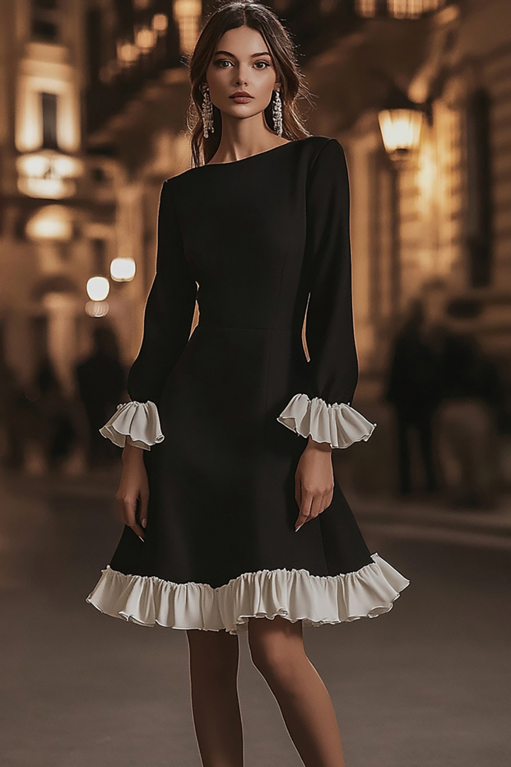 A Line Black and White Ruffled Short Cocktail Dress with Sleeves