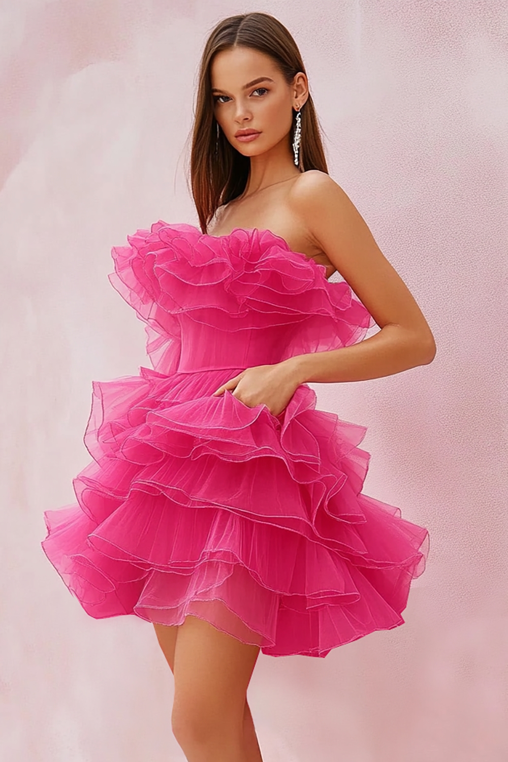 Cute Fuchsia Strapless Tulle Tiered Short Homecoming Dress with Ruffles