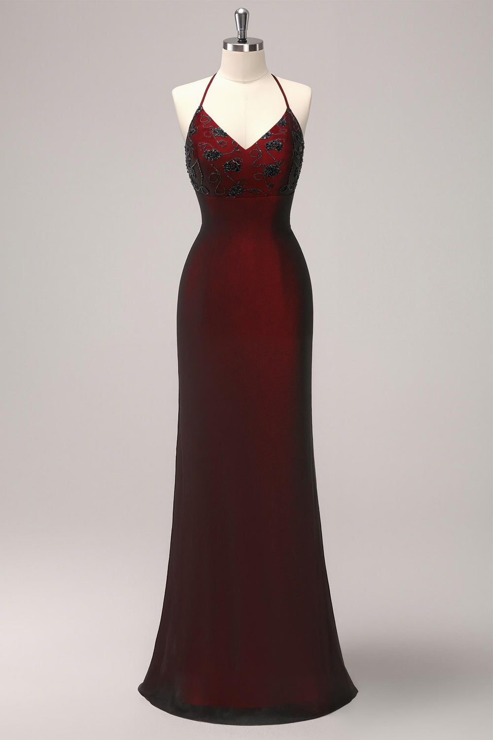 Black Red Maxi Mermaid Criss Cross Back Prom Dress with Beading