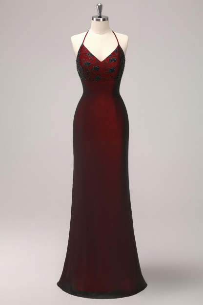 Leely Women Elegant Black Red Maxi Vintage 90s Prom Dress with Beading Spaghetti Straps Mermaid Gothic Evening Dress