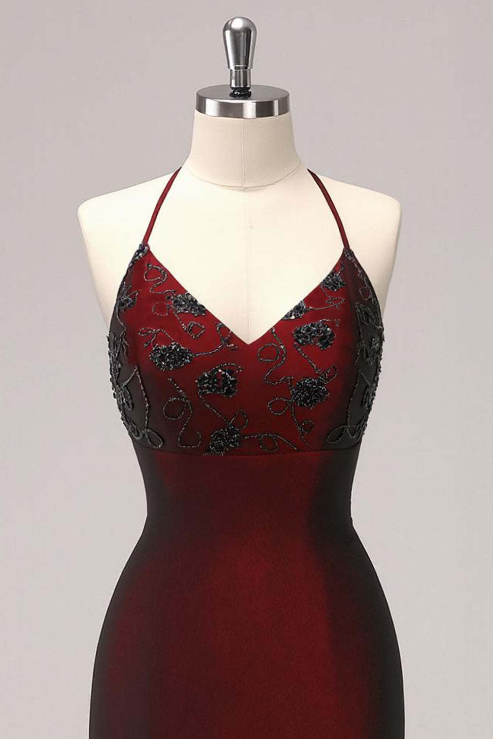 Black Red Maxi Mermaid Criss Cross Back Prom Dress with Beading