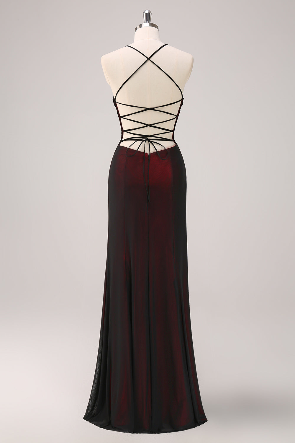 Black Red Maxi Mermaid Criss Cross Back Prom Dress with Beading