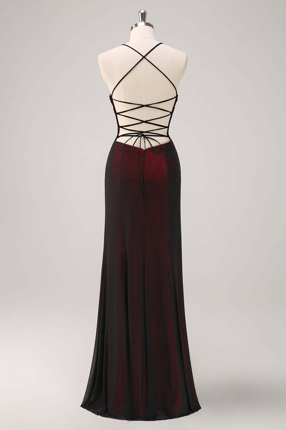 Black Red Maxi Mermaid Criss Cross Back Prom Dress with Beading