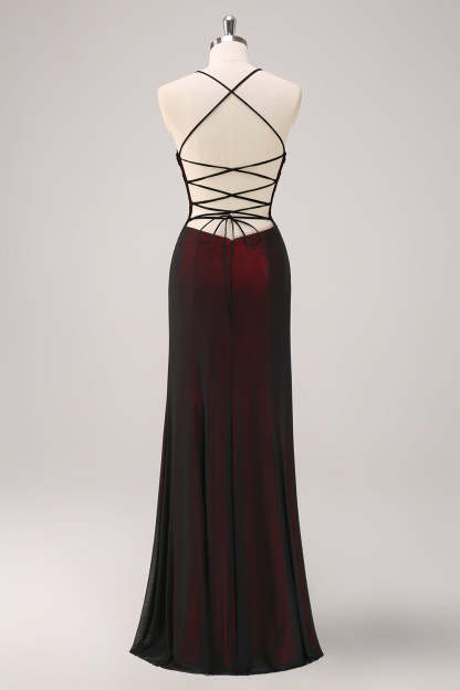 Black Red Maxi Mermaid Criss Cross Back Prom Dress with Beading