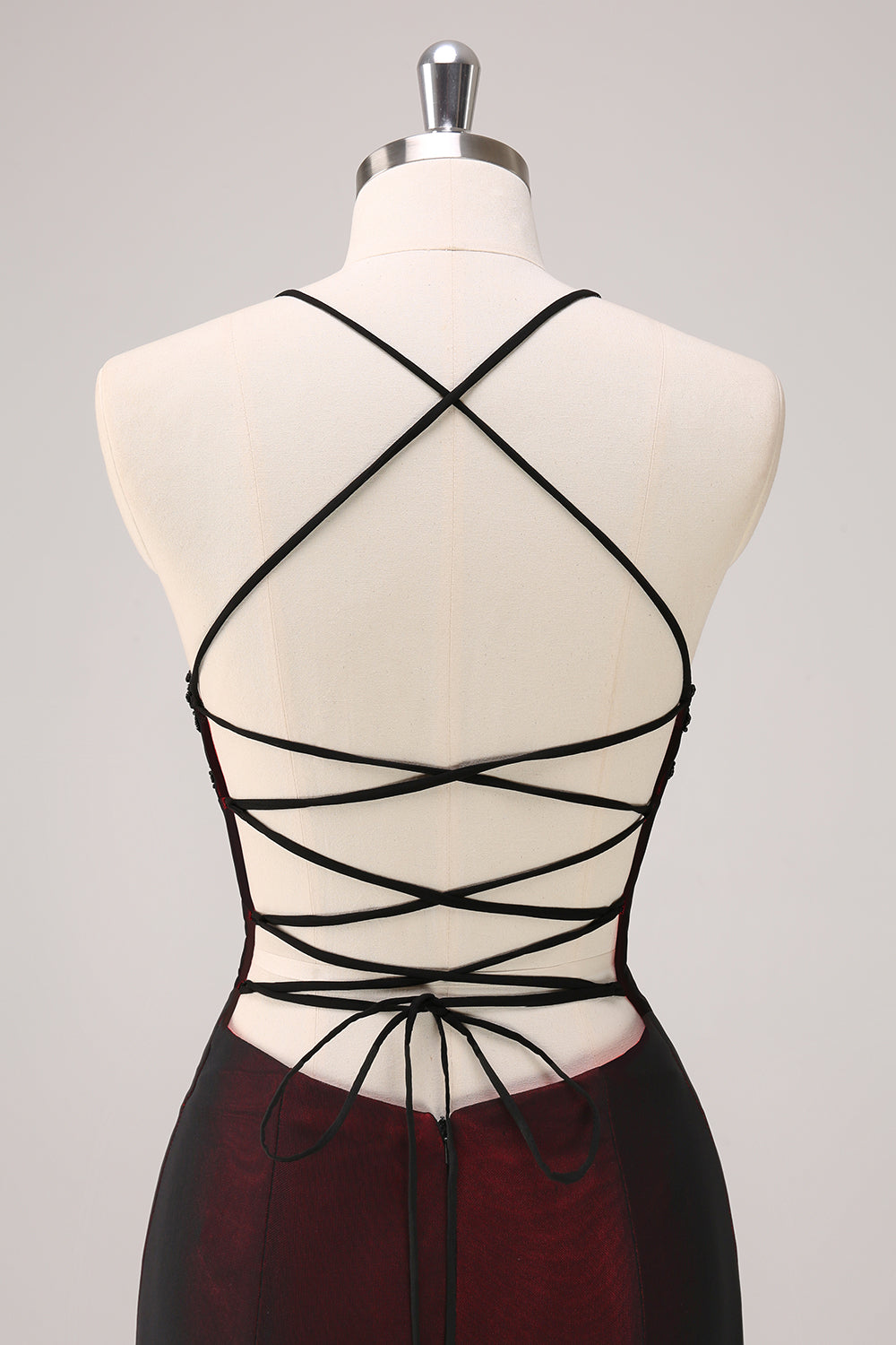 Black Red Maxi Mermaid Criss Cross Back Prom Dress with Beading