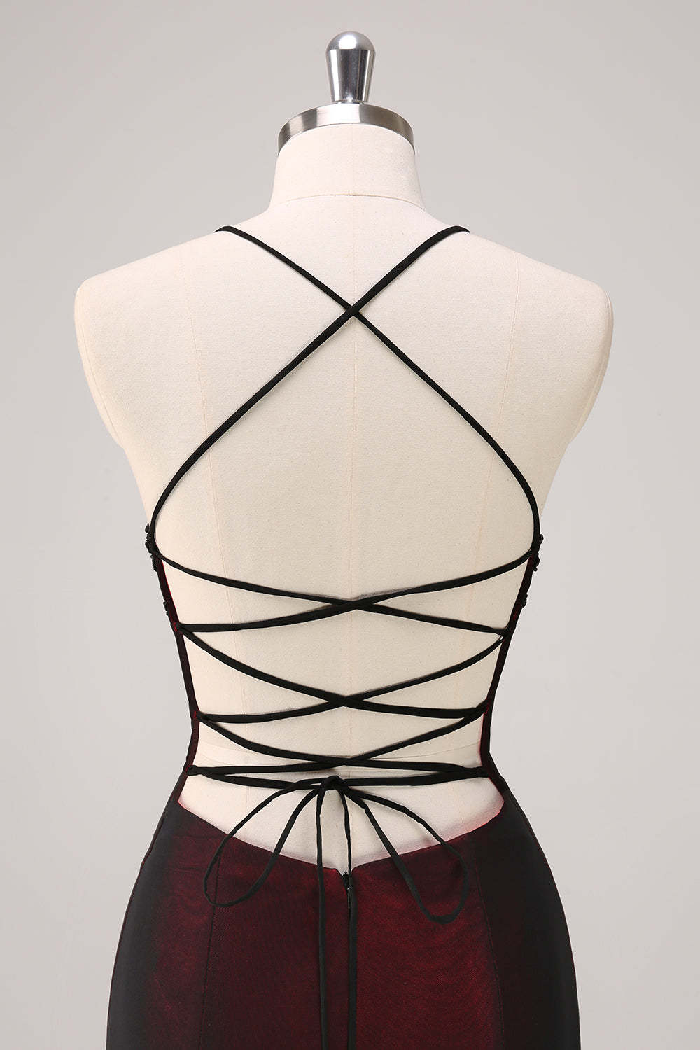 Black Red Maxi Mermaid Criss Cross Back Prom Dress with Beading
