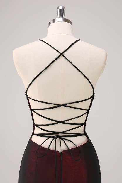 Black Red Maxi Mermaid Criss Cross Back Prom Dress with Beading