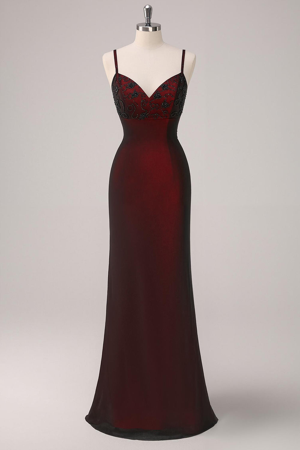 Black Red Maxi Mermaid Spaghetti Straps Beaded Prom Dress