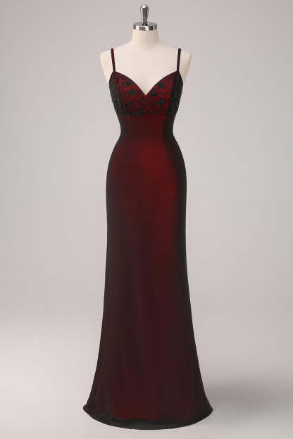 Leely Women Elegant Black Red Maxi Gothic Vintage 90s Homecoming Dress with Beading Spaghetti Straps Mermaid Evening Dress