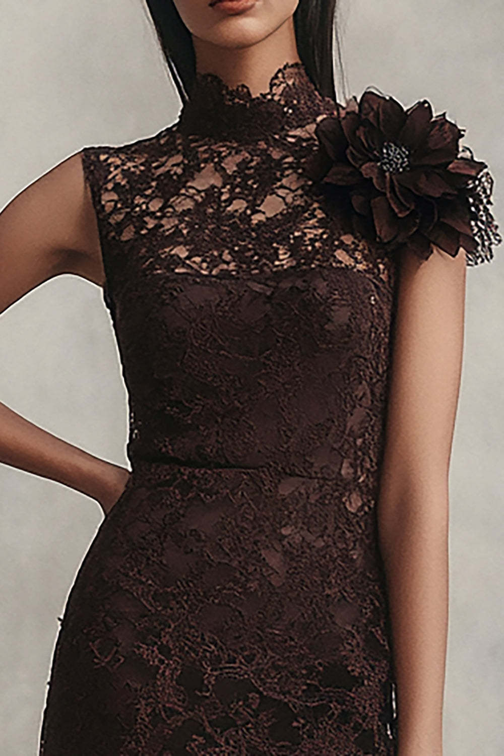 Lace Coffee High Neck Short Tight Homecoming Dress with 3D Flower