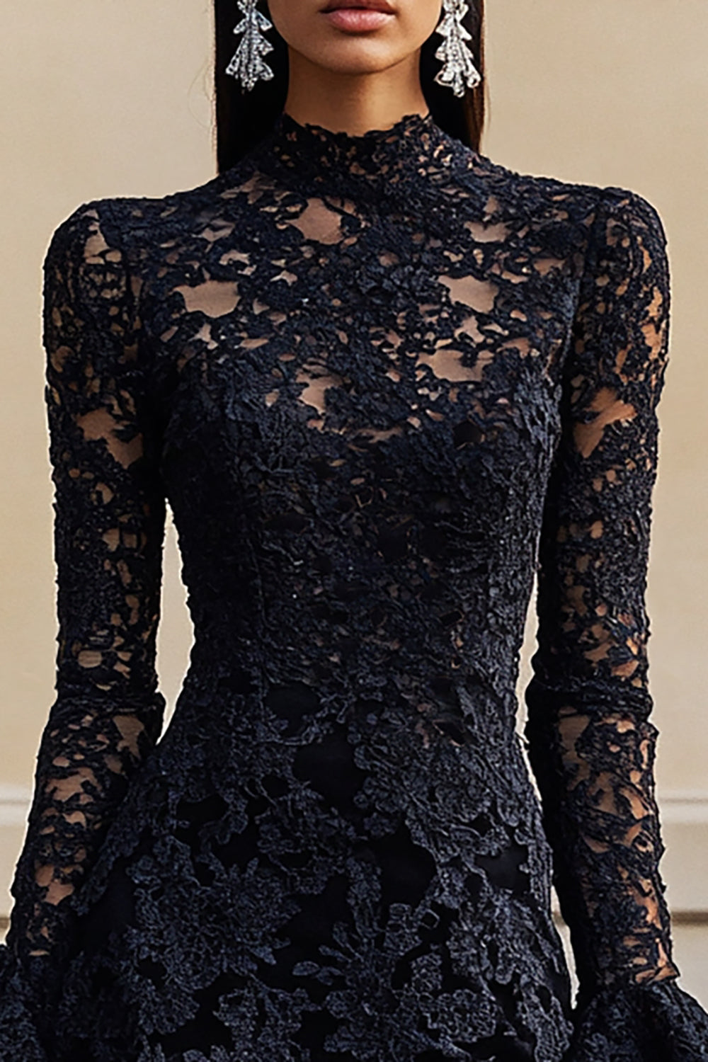 Black Lace High Neck Bodycon Short Cocktail Dress with Sleeves