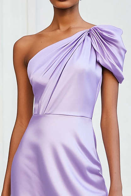 Satin Lilac Ruched One Shoulder Short Homecoming Dress