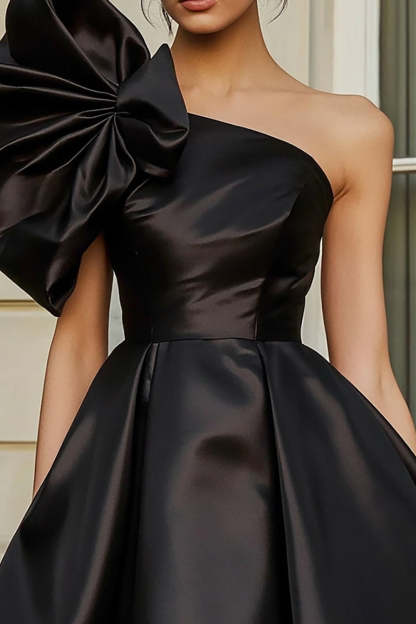 Satin Black A Line Short Homecoming Dress with Ruffles