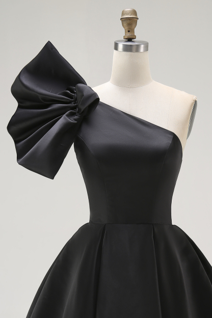 Black A Line Satin Short Homecoming Dress with Ruffles