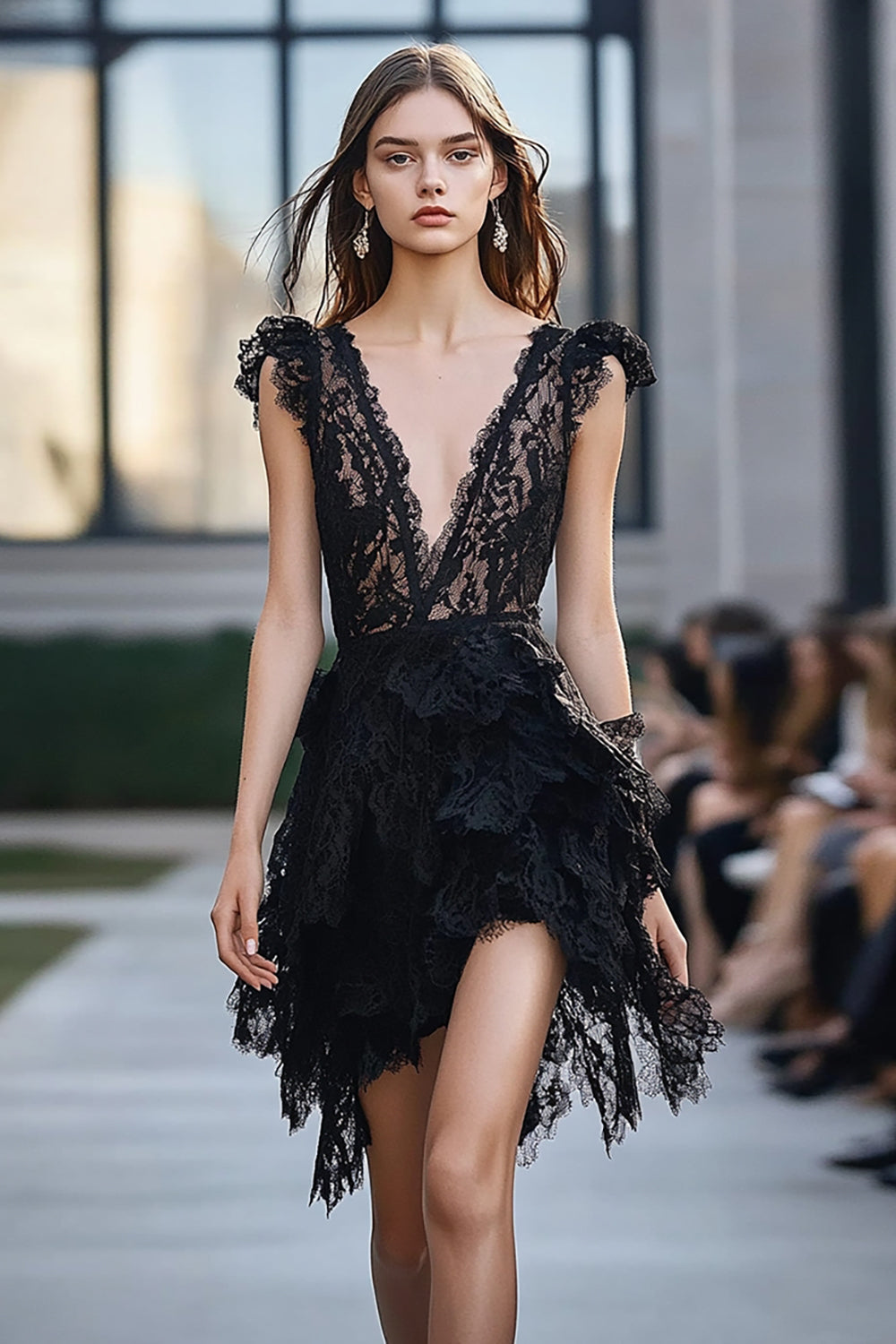 Black Deep V-Neck Lace Short A Line Homecoming Dress with Ruffles