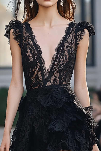 Black Deep V-Neck Lace Short A Line Homecoming Dress with Ruffles