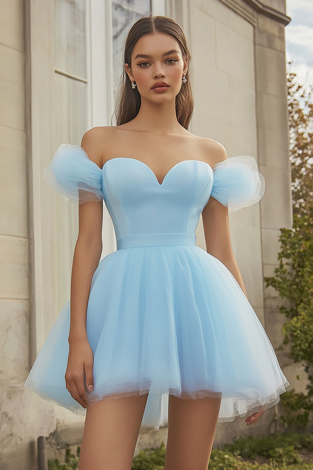 Leely Women Sky Blue Tulle Short Homecoming Dress Off the Shoulder A Line Cocktail Dress