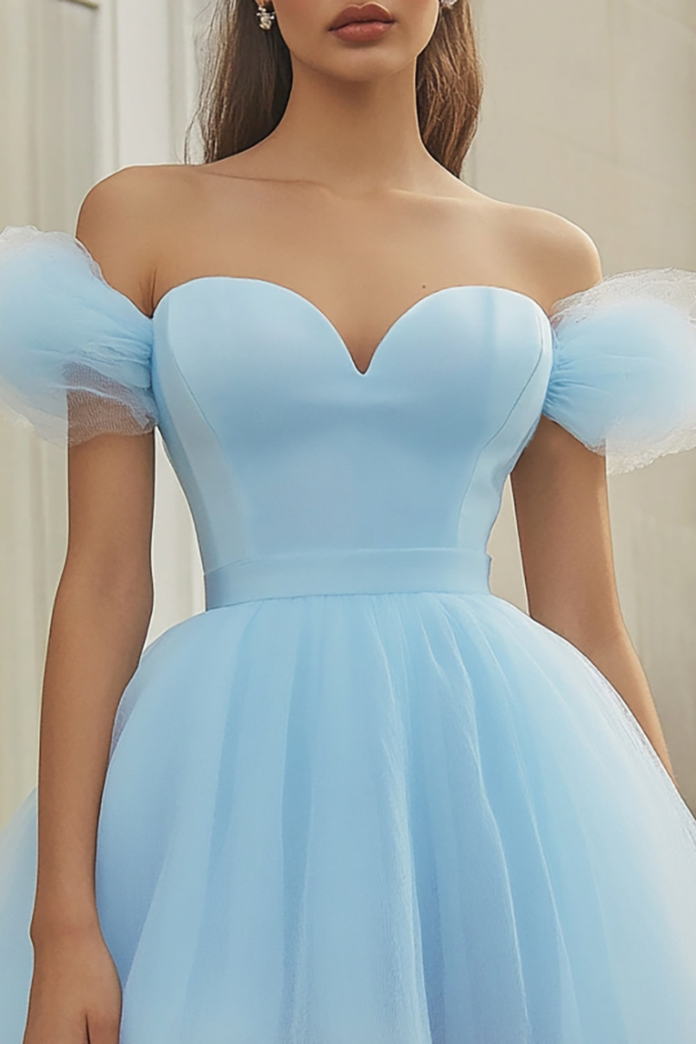 Sky Blue Off the Shoulder A Line Tulle Short Homecoming Dress