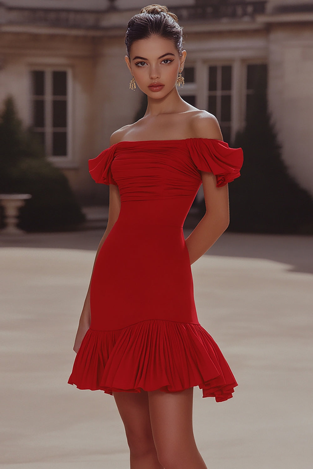 Leely Women Red Short Ruched Homecoming Dress Off the Shoulder Tight Cocktail Dress with Ruffles