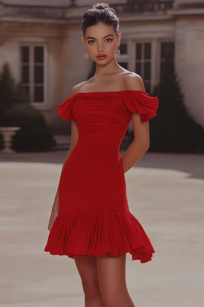 Leely Women Red Short Ruched Homecoming Dress Off the Shoulder Tight Cocktail Dress with Ruffles