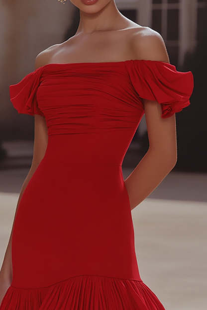 Red Off the Shoulder Tight Short Ruched Homecoming Dress with Ruffles