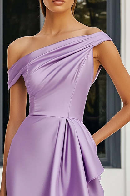 Lilac Satin Bodycon One Shoulder Short Homecoming Dress with Drape
