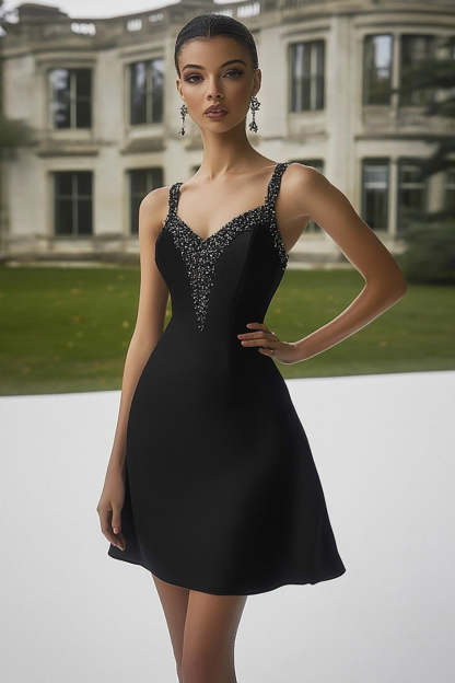 Leely Women Sparkly Black Short Cocktail Dress Satin Beading A Line Party Dress