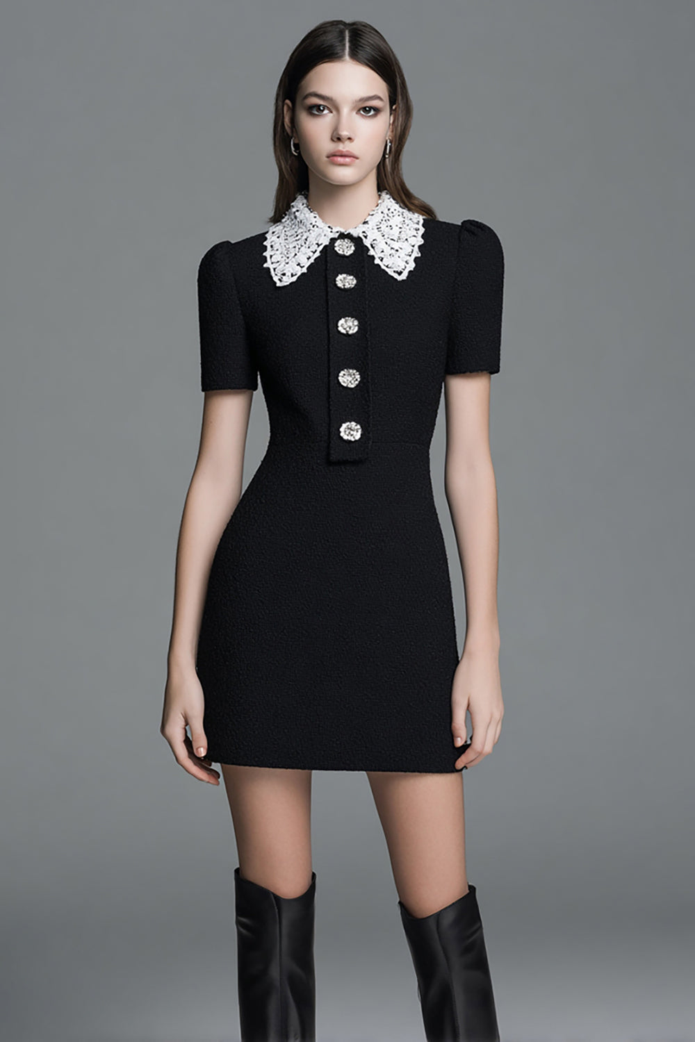 Leely Women Black Tight Short Homecoming Outfits with Buttons Collar Neck Pageant Interview Outfits with Sleeves