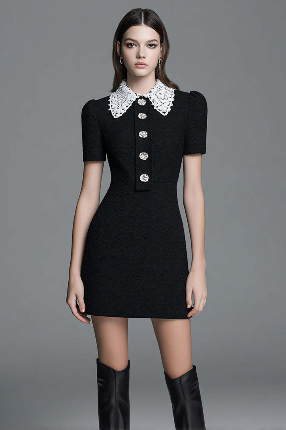 Leely Women Black Tight Short Homecoming Outfits with Buttons Collar Neck Pageant Interview Outfits with Sleeves