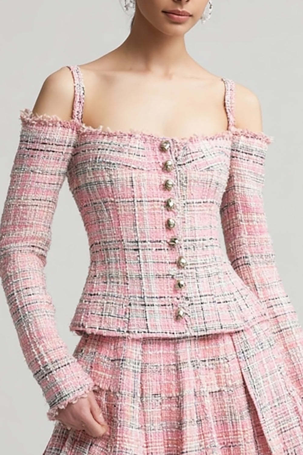 2 Piece Pink Plaid Cold Shoulder Short Homecoming Outfits