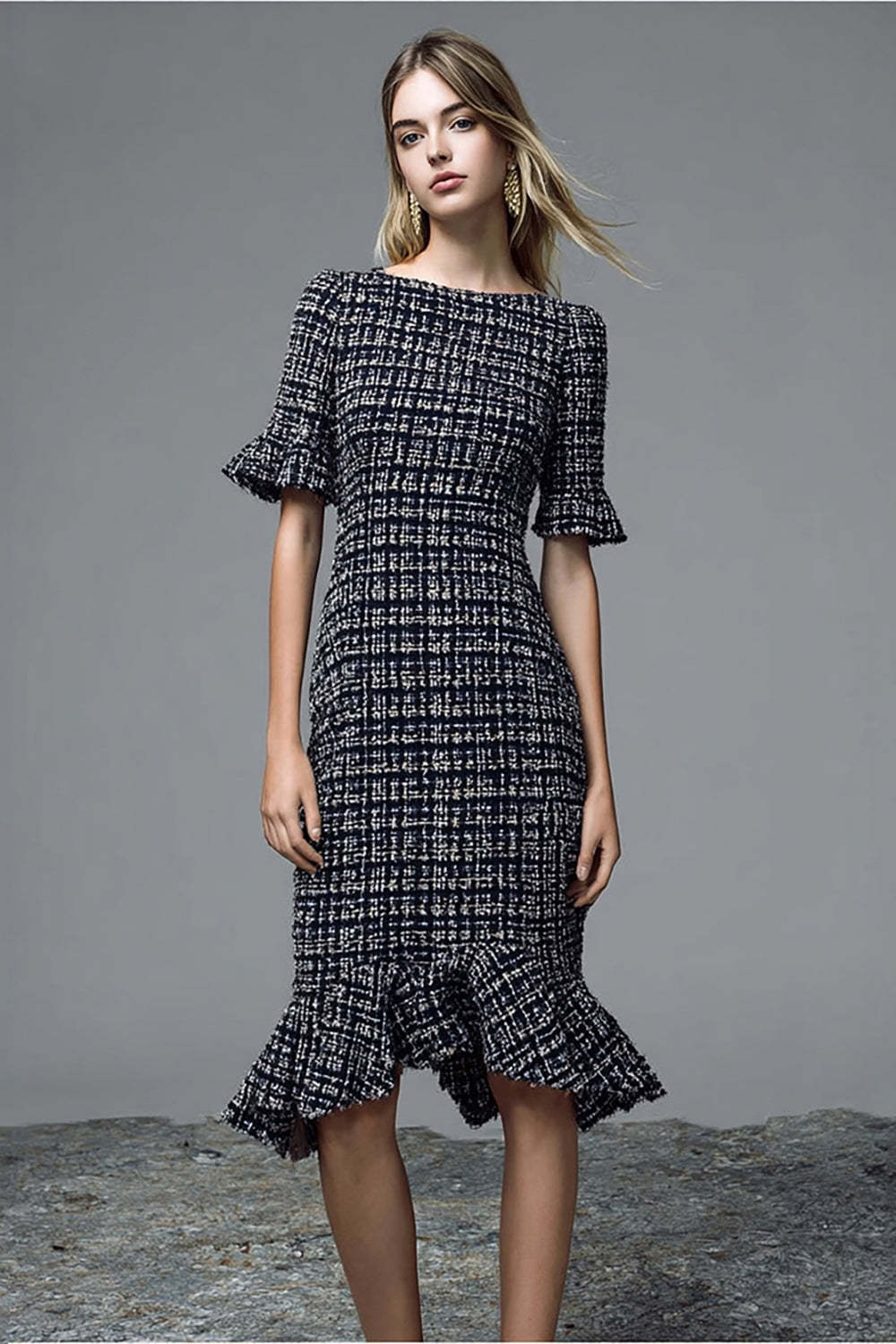 Leely Women Black Midi Homecoming Outfits with Ruffles Plaid Bateau Neck Pageant Interview Outfits with Short Sleeves