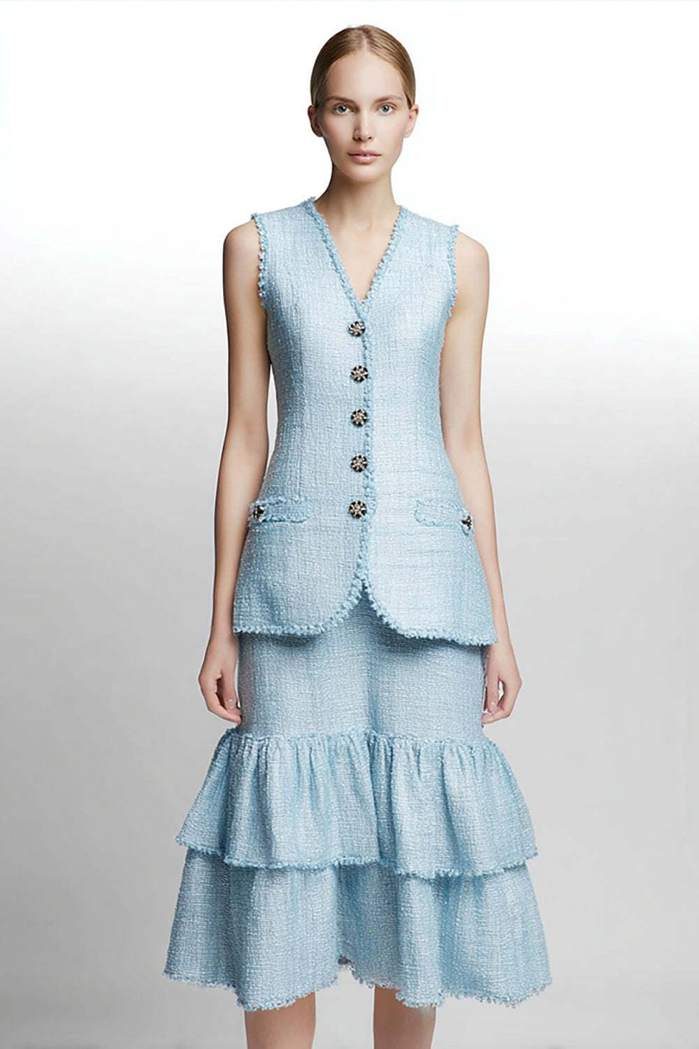 Leely Women Sky Blue 2 Piece Blazer Midi Homecoming Outfits with Ruffles Pencil Tiered Pageant Interview Outfits with Buttons